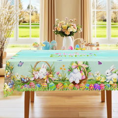 1 Easter Round Tablecloth, 5 Sizes Available, Easter Egg Basket Rabbit Print Square Tablecloth, Edge Embossing Process, Spring Garden Tablecloth Decoration, Tablecloth for Daily Home Kitchen, Terrace, Easter Decoration