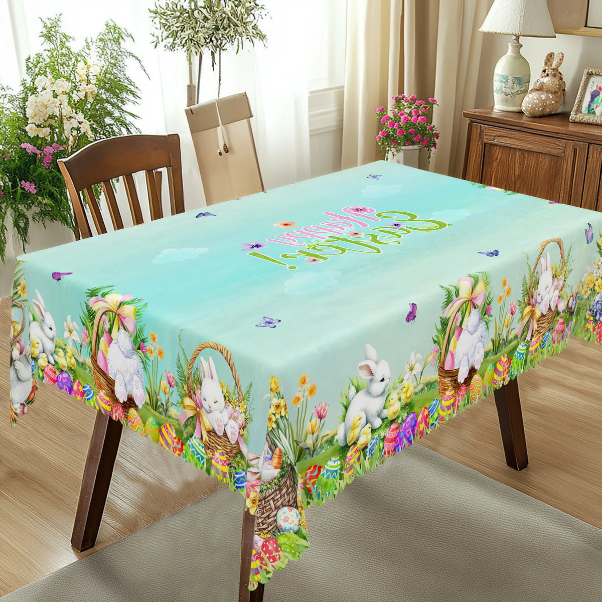 1 Easter Round Tablecloth, 5 Sizes Available, Easter Egg Basket Rabbit Print Square Tablecloth, Edge Embossing Process, Spring Garden Tablecloth Decoration, Tablecloth for Daily Home Kitchen, Terrace, Easter Decoration