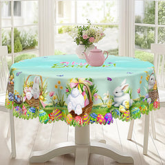 1 Easter Round Tablecloth, 5 Sizes Available, Easter Egg Basket Rabbit Print Square Tablecloth, Edge Embossing Process, Spring Garden Tablecloth Decoration, Tablecloth for Daily Home Kitchen, Terrace, Easter Decoration