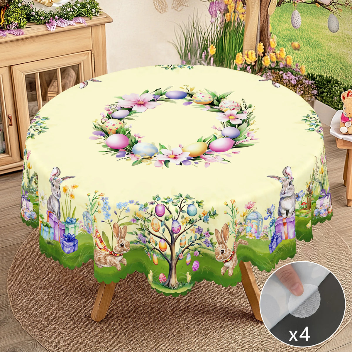 1 Easter Round Tablecloth, 5 Sizes Available, Tulip Easter Bunny Egg Garden Printed Square Tablecloth, Edge Embossing Process, Spring Garden Tablecloth Decoration, Tablecloth for Daily Home Kitchen, Terrace Use, Easter Decora